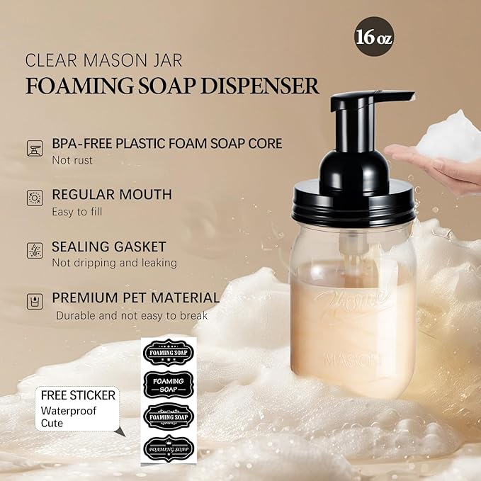 Amolliar Plastic Mason Jar Foaming Soap Dispenser with Pump Lid,16OZ Refillable Hand Soap Dispenser Set with Cute Lables - Farmhouse Decor for Kitchen/Bathroom, Lotion Liquid Dish Soap (4 Pack, Black)