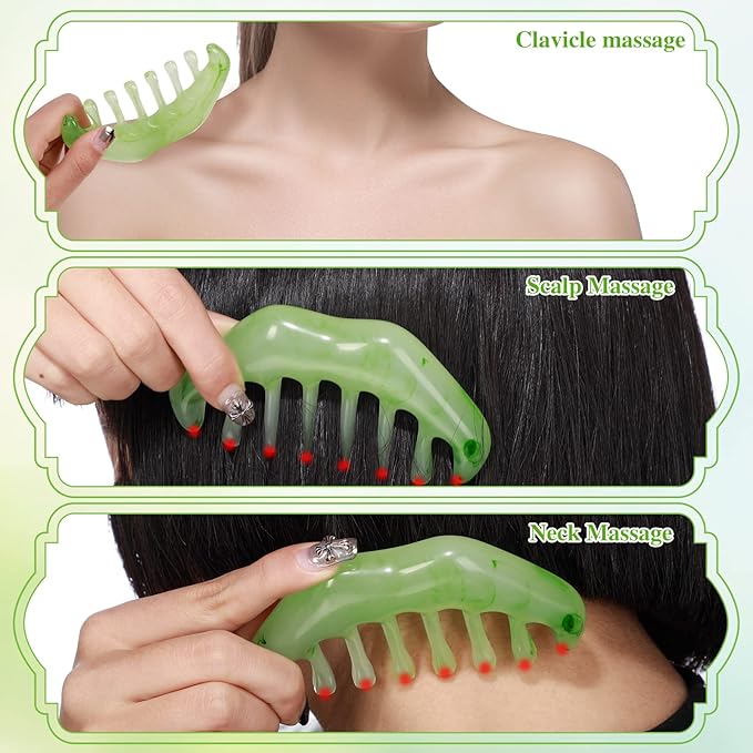 Geiserailie 2 Pcs Jade Combs Esthetician Supplies Massage Stone Hair Gua Sha Scraping Scalp Comb Facial Massage Tool Handheld Head Tools Head Caring Therapy Mother's Day for Women(Elegant Style)