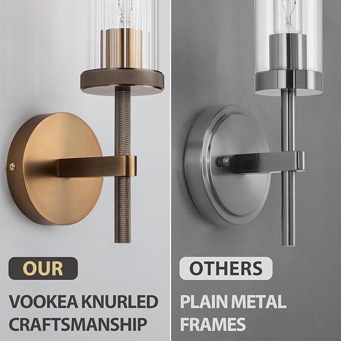 19.5" Knurled Bronze Hardwired Wall Sconces Set of 2, Bathroom Vanity Light Fixtures with Vertical Striped Glass Tube, Modern Lamp for Bedroom, Living Room, Hallway, Staircase, Mirror, Kitchen
