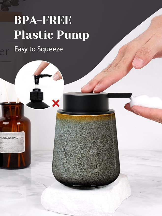 INGOFIN Ceramic Foaming Soap Dispenser -12oz Foam Hand Soap Dispenser Bathroom, Modern Refillable Dish Wash Soap Bottle for Kitchen with Large Pump -Kiln-Glazed Blue Green