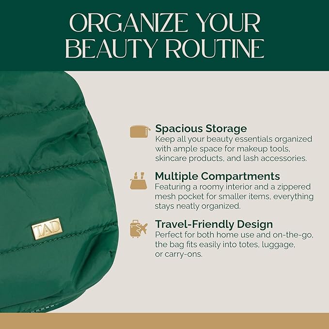 TAD Beauty Makeup Bag Organizer - Puffy Travel Cosmetic Pouch for Women & Teens - Toiletry Case with Zippered Mesh Pocket, Large Capacity Lash Tool Storage, Soft Holder for Skincare Essentials - Green