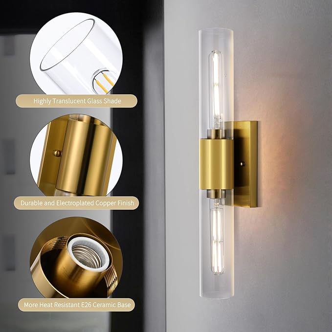 21" Gold Wall Sconces Set of Two, 2-Light Bathroom Sconces Vanity Light Tube Sconce, Clear Glass Indoor Hardwired Mounted Wall Lighting for Living Room,Bedroom,Hallway-Gold Clear (Bulb Not Included)