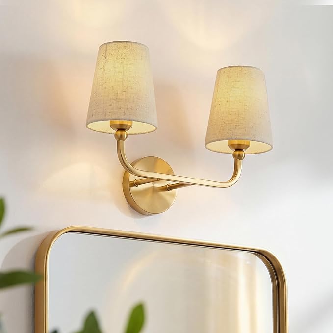 2-Light Bathroom Light Fixtures, Brushed Gold Vanity Lights, Double Wall Sconce with Brown Fabric Shade, Modern Sconces Wall Lighting for Hallway Bedroom Stairway, VL837-BG-L-2