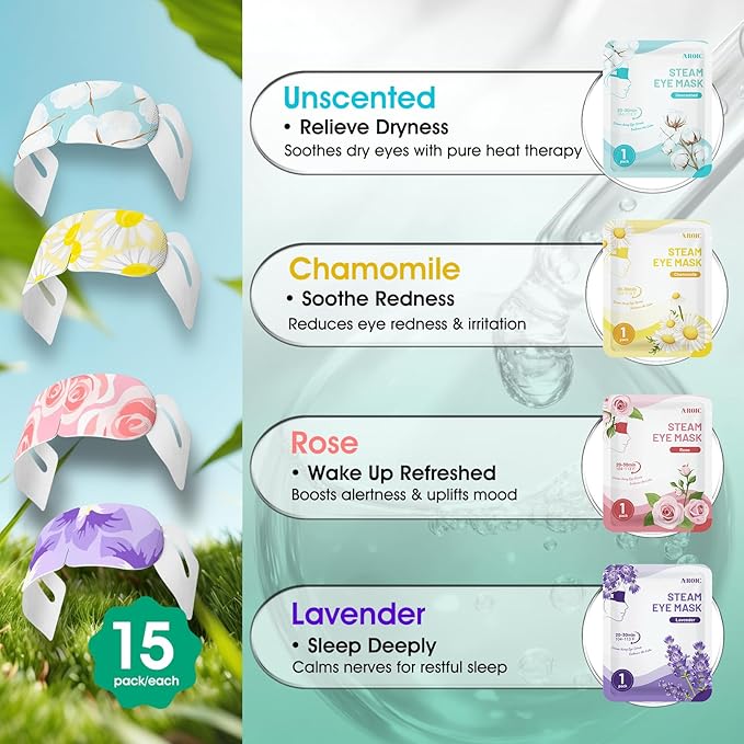 60 Pack Steam Eye Masks Disposable for Dry Eyes, Heated Eye Mask Warm Compress for Eyes, Relaxation Mothers Day Gifts Self Care for Women, Spa Travel Essentials - Lavender, Unscented, Chamomile, Rose