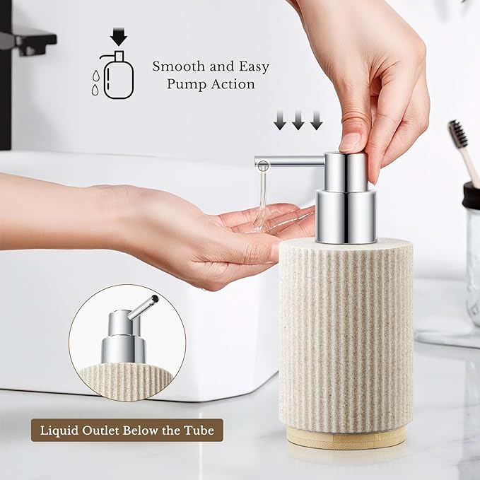 7PCS Bathroom Accessories Set, with Soap Dispenser, Q-tip Holder, Toothbrush Holder, Tumbler, Soap Dish, Vanity Tray, Bathroom Set Complete Organizer Countertop for Modern Decor, Beige
