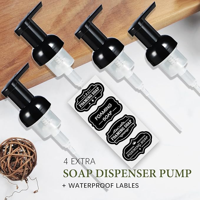 Amolliar Plastic Mason Jar Foaming Soap Dispenser with Pump Lid,16OZ Refillable Hand Soap Dispenser Set with Cute Lables - Farmhouse Decor for Kitchen/Bathroom, Lotion Liquid Dish Soap (4 Pack, Black)