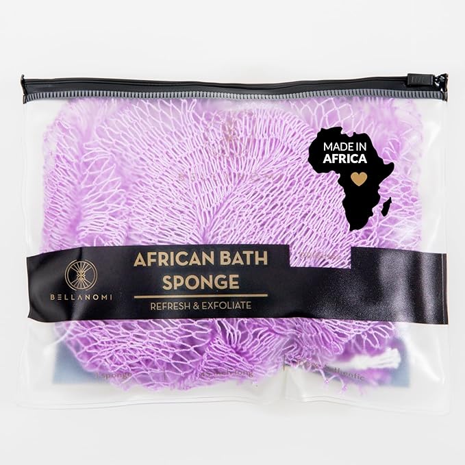 BELLANOMI African Exfoliating Net Sponge, Authentic African Bath Sponge, Ethically sourced from Nigeria, 45 inches Long, Back Scrubber for Daily use (Lilac)