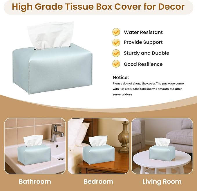 Long Tissue Box Cover, PU Leather Tissue Holder Rectangle, Facial Paper Organizer, Modern Dispenser for Bathroom, Kitchen, Home, Office, Tabletop (1, Sky Blue, Tall)