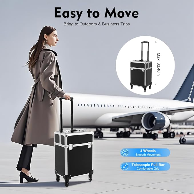 Professional Rolling Makeup Case with Retractable Handle, Aluminum Alloy Cosmetic Organizer with Locks & Wheels, Large Capacity Beauty Travel Case for Makeup Artists, Black