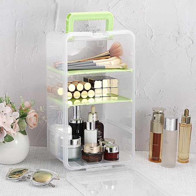 BTSKY Clear Plastic Dividing Storage Box with 4 Deep Compartments Adjustable Storage Bin with Lid Portable Craft Container Multipurpose Sewing Box Art Supply Organizer, 13.9x7.9x6.2 Inches, Green