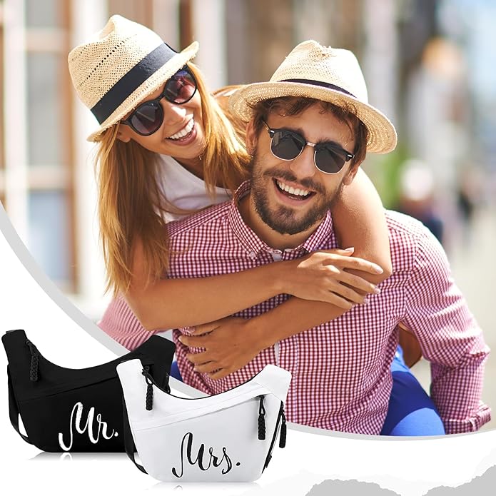 2 Pcs Wedding Gift Mr Mrs Crescent Bag Mr Mrs Travel Sling Crossbody Bag with Adjustable Strap for Bride Groom Couple Bridal Shower Engagement Bachelorette Party Honeymoon Gifts, Black White