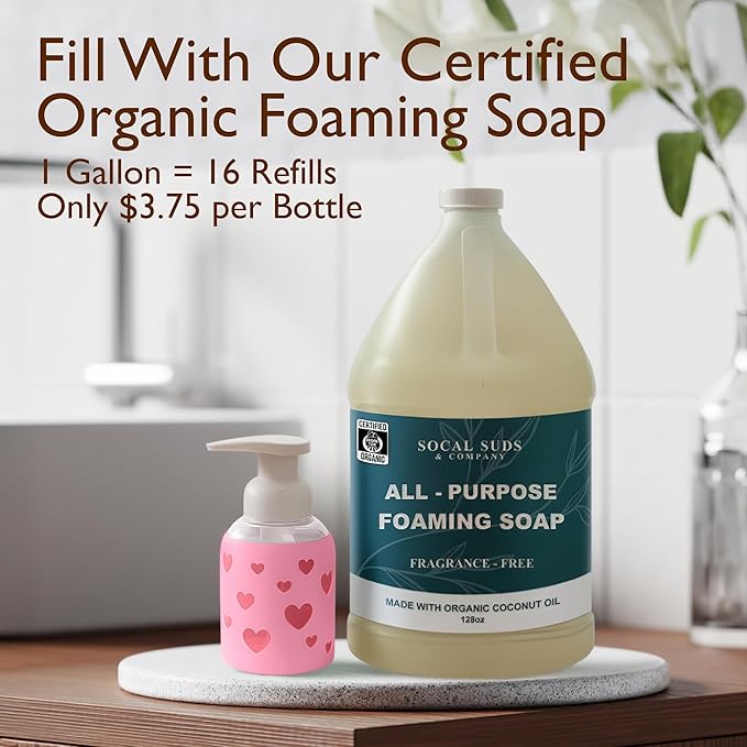 SoCal Suds & Company Foaming Hand Soap Dispenser Glass, Liquid Soap Pump with Heart Silicone Sleeve, Refillable Bottle for Kids, Baby Wash & Shampoo, Ideal for Bathroom & Kitchen Use, Bright Pink, 8oz