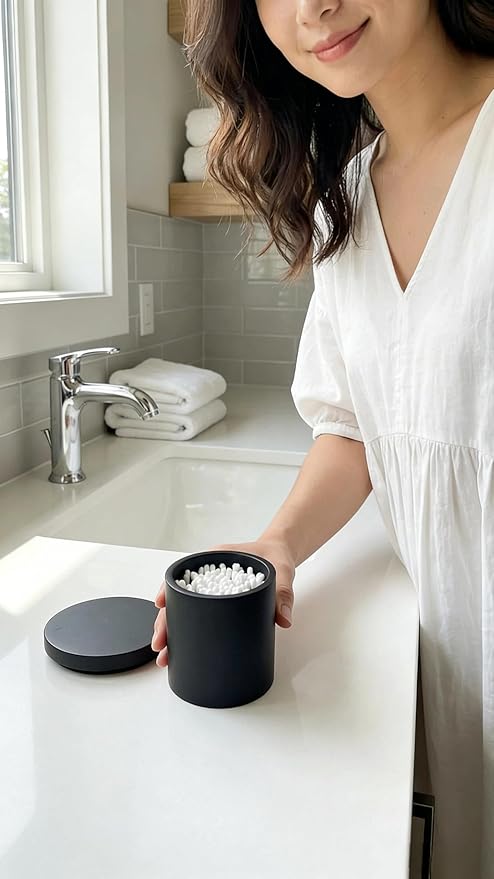 Cotton Swab Holder with Lid, Round Qtip Holder Bathroom Black, Resin Cotton Ball Canister Jar Cosmetics Makeup Countertop Organizer Containers Canister Apothecary Jar, Matte Black