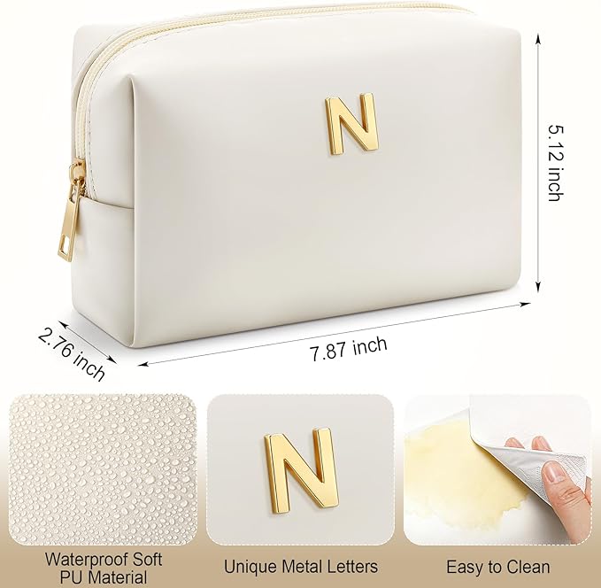Kigeli Initial Makeup Bag for Women Beige Leather Easter Basket Gifts Monogram Cosmetic Bag Small Travel Toiletry Pouch Wedding Birthday Graduation Bridesmaid Gifts for Teen Girls Women Teachers(N)