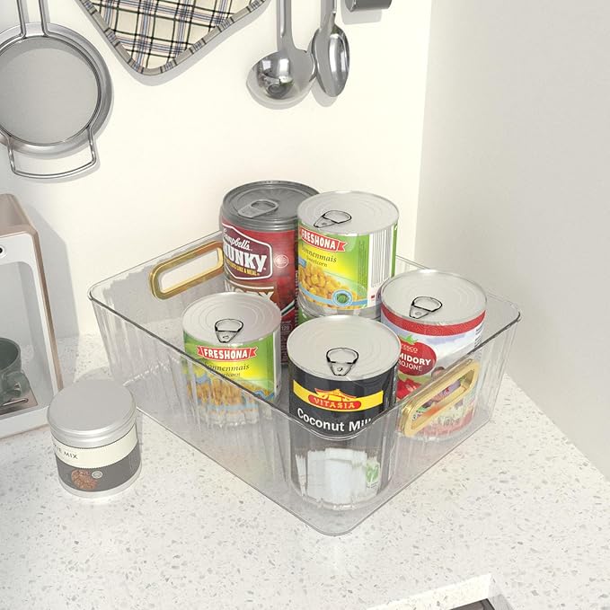 4 Packs Clear Plastic Storage Bins, Pantry, Home, Kitchen, Office, Cabinet, Shelf and Fridge Organizer Basket Bin with Handle