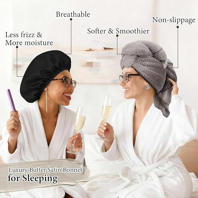 4 Pcs Microfiber Drying Hair Wrap Towels Reusable Waterproof Shower Cap with Elastic Band Adjustable Silk Hair Bonnet for Sleeping with Scrunchie for Women Christmas Favor Gifts(Black)