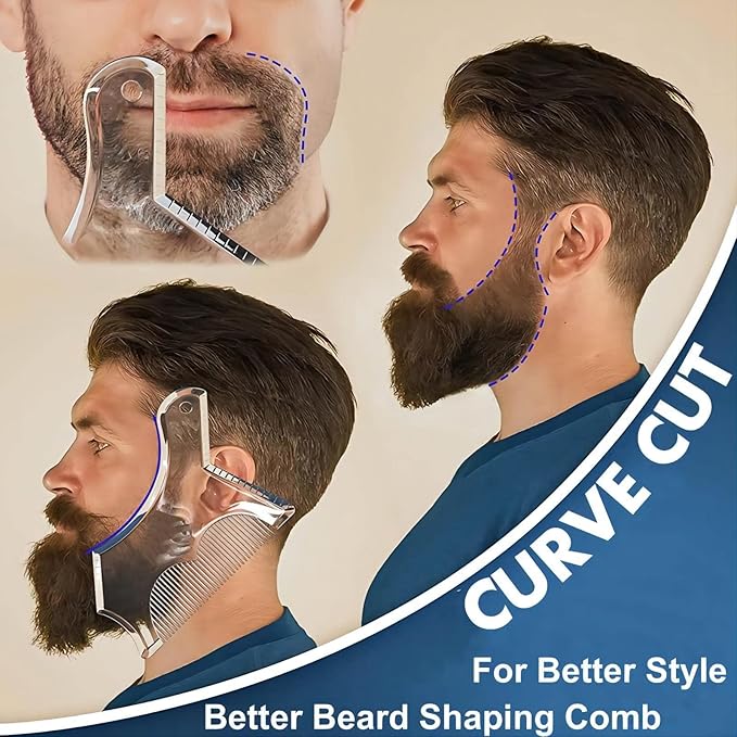 4PCS Men's Beard Shaping Tool Template, Beard Guide Shaper with Inbuilt Comb, Multi-liner Edges Shave for Curve/Straight/Neckline/Goatee/Sideburns (Clear-4pcs)