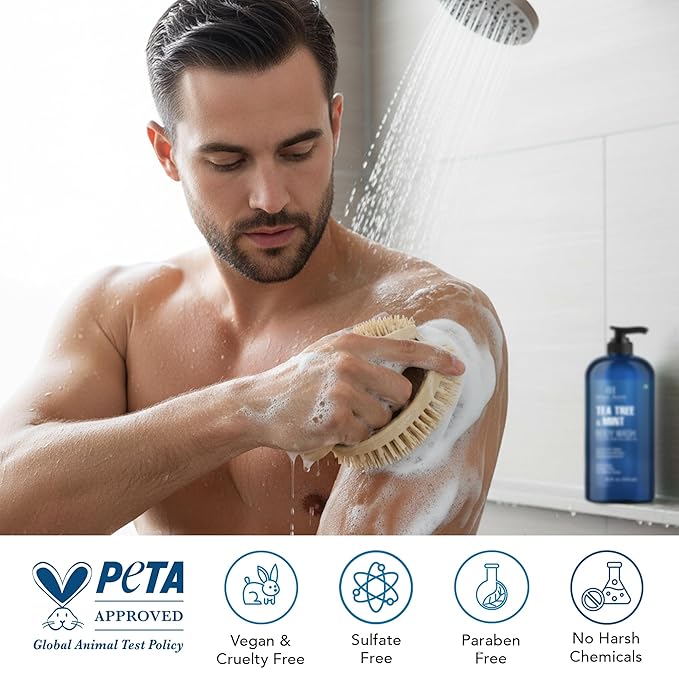 Botanic Hearth Tea Tree & Mint Body Wash with Silicone Dual-Sided Design Body Brush & Scrubber | Infused with 100% Pure Tea Tree Oil, Coconut, Jojoba |Foot & Body Cleanser | Paraben Free |16 fl oz