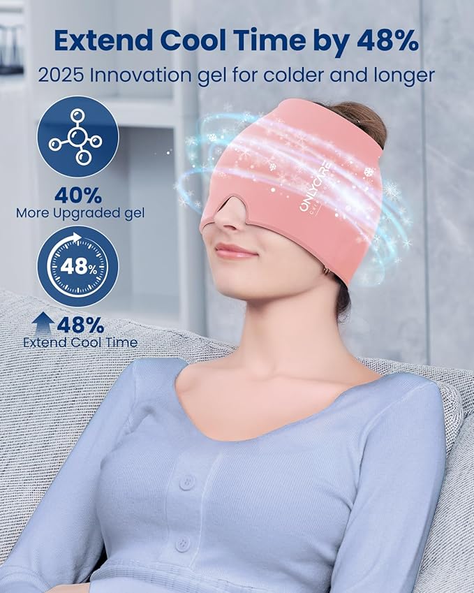 Upgraded Migraine Relief Cap, ONLYCARE Headache Relief Cap, Soothing Migraine Mask, Odorless Gel Ice Head Wrap, Hot & Cold Therapy, Reusable Ice Pack for Tension and Stress, Pink