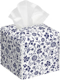 Blue and White Tissue Box Cover Square, Abstract Blue Flowers Tissue Box Holder,Waterproof Leather Facial Paper Organizer Dispenser for Bathroom Home Car Decor