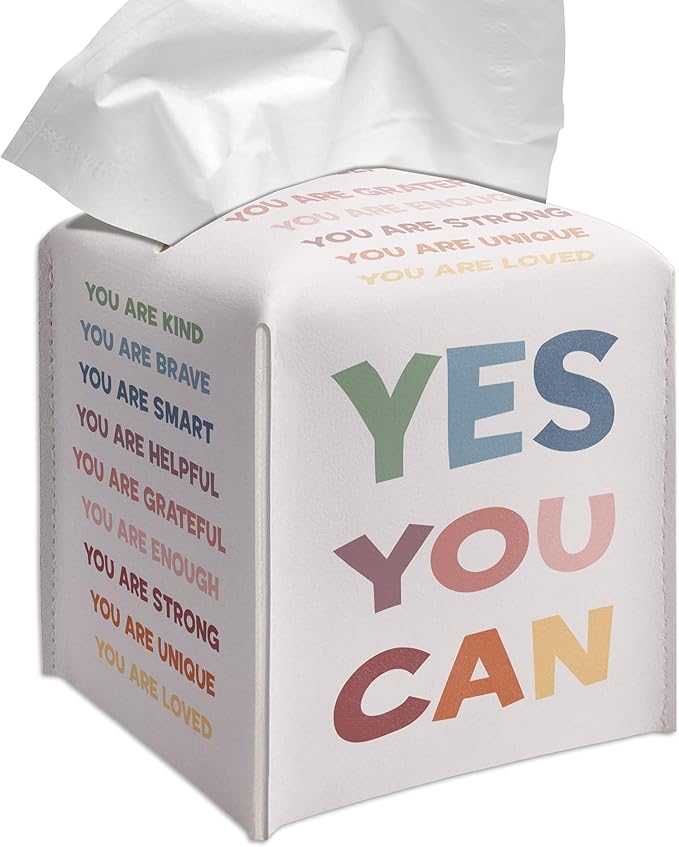 Grace Yonks Cute Motivational Tissue Box Cover Square, Cube Case for Facial Tissues, 5.2" PU Leather(077)