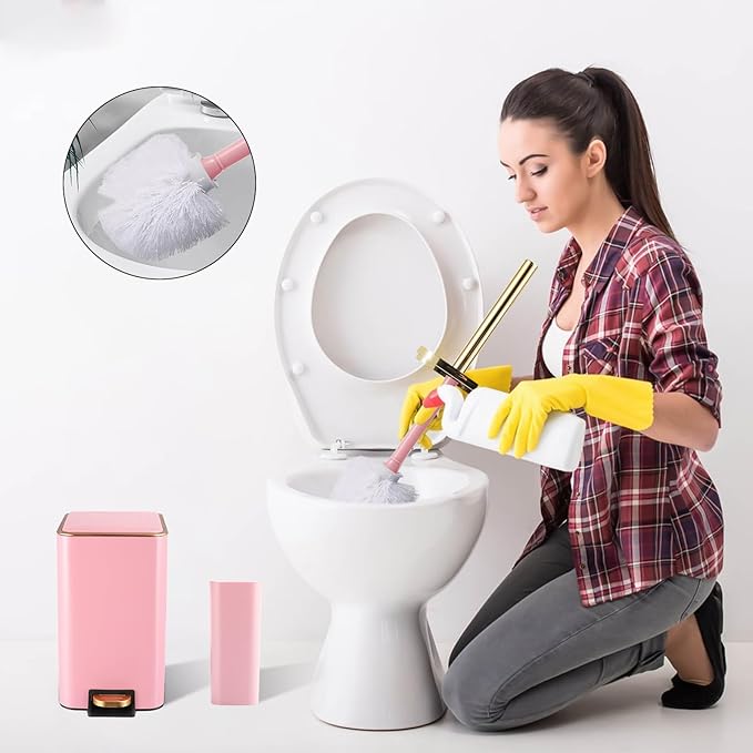 Pink Bathroom Accessories Set 8 Piece Pink and Gold Bathroom Set, Bathroom Sets with Stainless Steel Trash Can,Toilet Brush,Toothbrush Set,Soap Dispenser