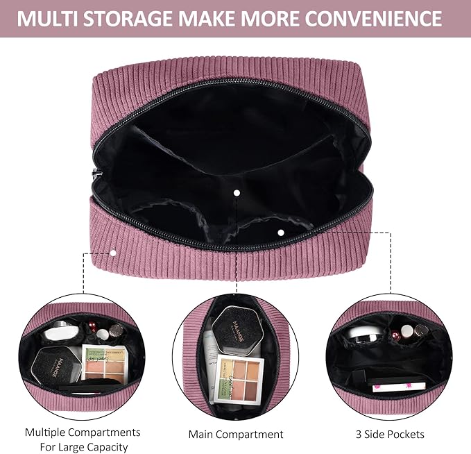 MAANGE Cosmetic Bags for Women Small Makeup Bag for Purse Corduroy Makeup Pouch Travel Makeup Bag with Metal Zipper Make Up Bag for Travelling(PINK)