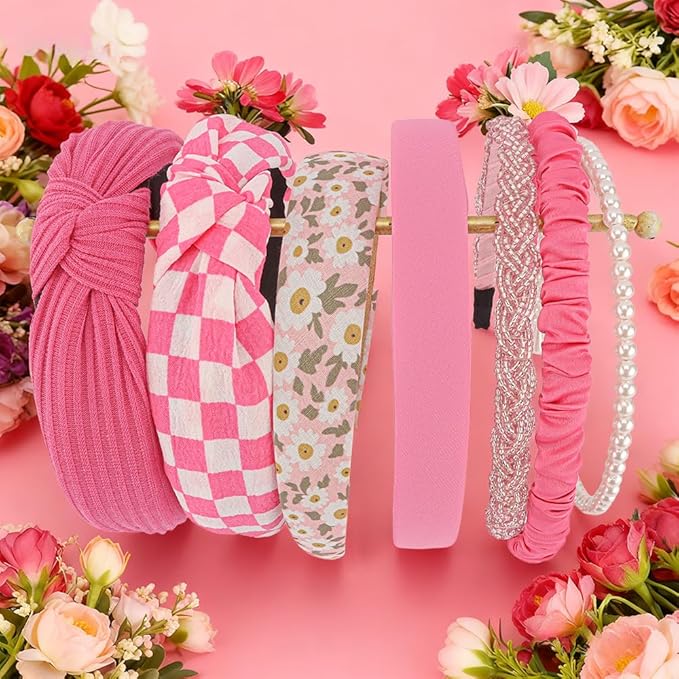 AHONEY 7 Pack Hot Pink Headbands for Girls Women Headbands Trendy Checkered Non Slip Cute Y2K Hair Accessories Multi-style Headband Pack Diademas Para Mujer