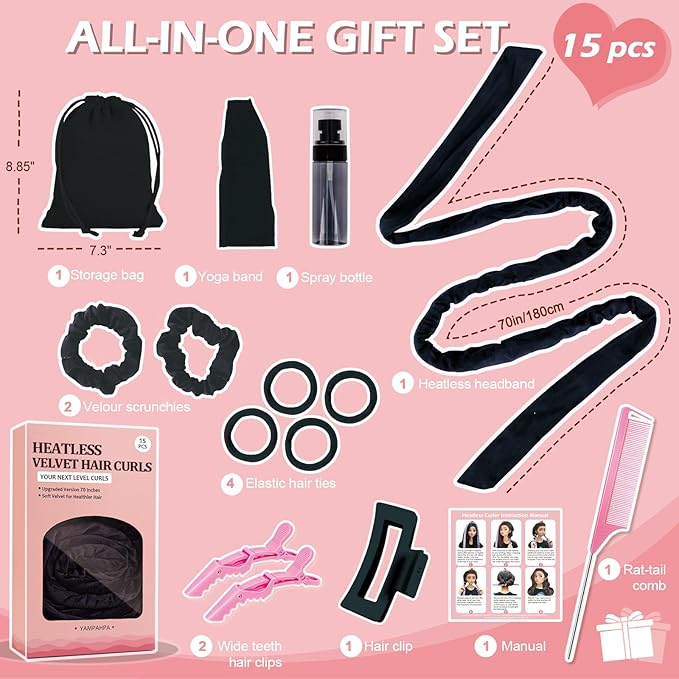Heatless Curls Overnight Headband, 70'' No Heat Hair Curlers for Medium Long Hair, Black