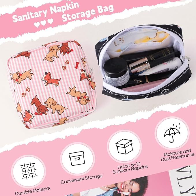 Desing Wish Sanitary Pad Storage Bag Portable Period Bag for Teen Pads/Sanitary Napkins/Small Tampons, Sanitary Napkin Storage Bag First Period Gifts for Teen Girls (Fruits Puppy)