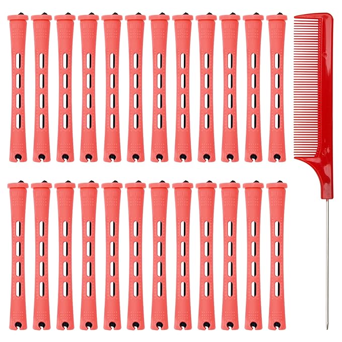 Coolrunner 60PCS Hair Perm Rods Set, Plastic Curler Perm Rods with Steel Pintail Comb, DIY Hair Curler Styling Tools for Hairdressing Hair (0.9cm, Blue, 0.9CM) (Red)