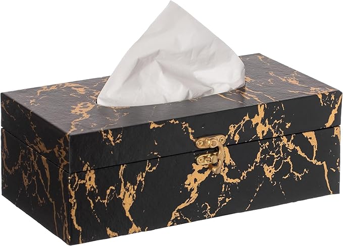 Black and Gold Marble Tissue Box Cover, Modern Tissue Box Holder with Lock for Bathroom, Bedroom, and Living Room, Rectangle Shape Dryer Sheet Holder Organizer