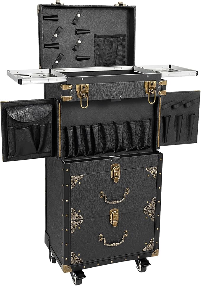 44.09lbs Lockable Makeup Train Case,Rolling Hairdressing Trolley,Beauty Salon Cosmetic Luggage with Universal Wheels for Hair Stylist,Make-up Artists (Black 2)