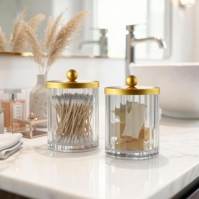 Amolliar Qtip Holder Dispenser for Bathroom, Clear Glass Canister Apothecary Jar for Cotton Swabs, Cotton Balls, Makeup Pads, Floss Picks, Container for Countertop Vanity Storage Organizer,Gold 4 Pack
