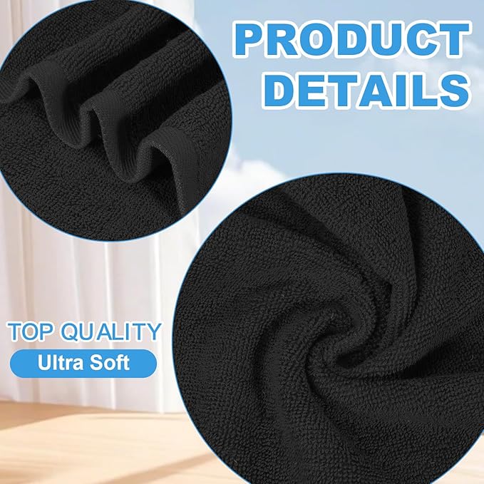 12 Pack 100% Cotton Wash Cloth, 12x12 Inch Highly Absorbent and Soft Feel Fingertip Towels, Machine Washable Washcloths for Bathroom, Gym, Hotel, Spa and Kitchen, Black