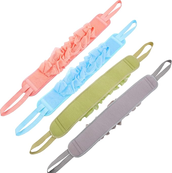 4 Pcs Exfoliating Back Scrubber for Shower Double Sided Exfoliating Washcloth with Strap Long Body Scrub Sponge Shower Loofah with Handle for Women Men Body Washing