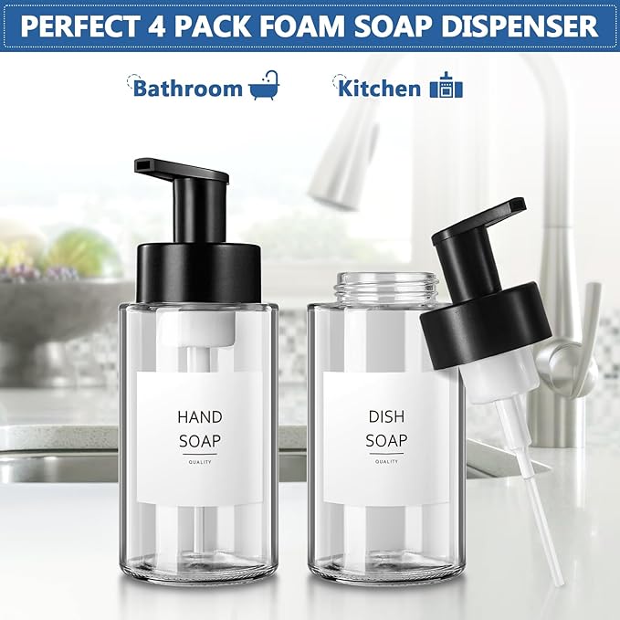 Foaming Soap Dispenser, 10 oz/300ml Foaming Hand Soap Dispenser, 4 Pack Glass Dispenser for Bathroom & Kitchen, Clear Refillable Foam Dispenser Bottle with Waterproof Labels