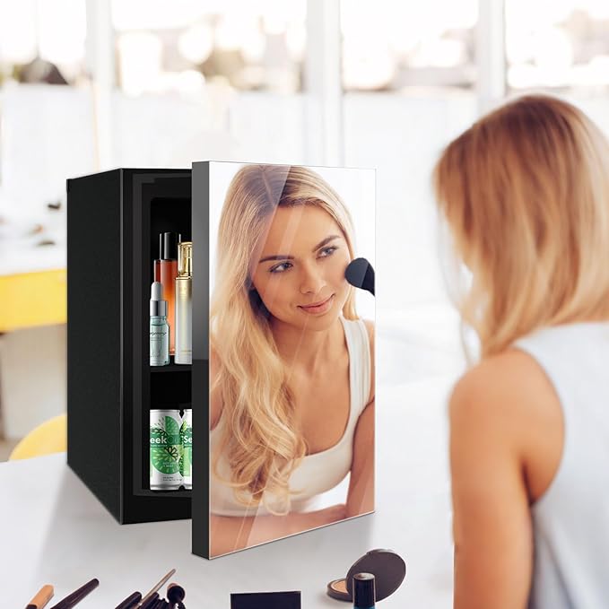 24 Can Freestanding Beverage Refrigerator, 0.9 Cu. Ft Mini Fridge with Mirror Front Door and Countertop Skincare Fridge, Small Refrigerator with Adjustable Shelves for Soda, Beer or Wine