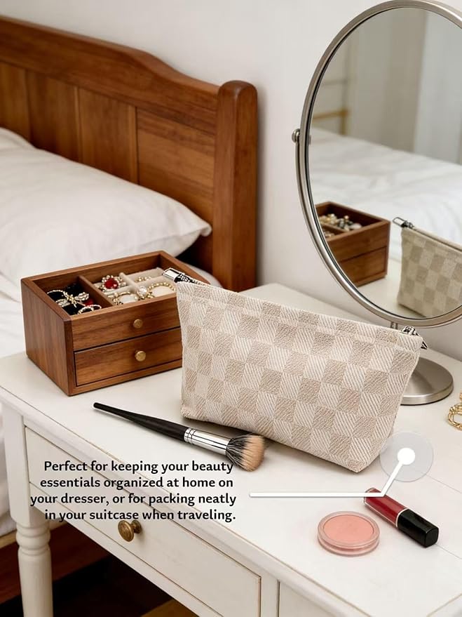 2-Pack Beige Checkered Makeup Bag Set - Large Capacity Cosmetic Organizer Pouch | Travel Toiletry Bag for Women Girls
