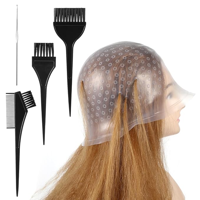SHENLIU Punched Silicone Highlight Hair Cap with Needle Brushes Set,Reusable Highlighting Poked Hole Hooks for Salon Color Hairdressing Dyeing Staining Tools for Women Men(White)