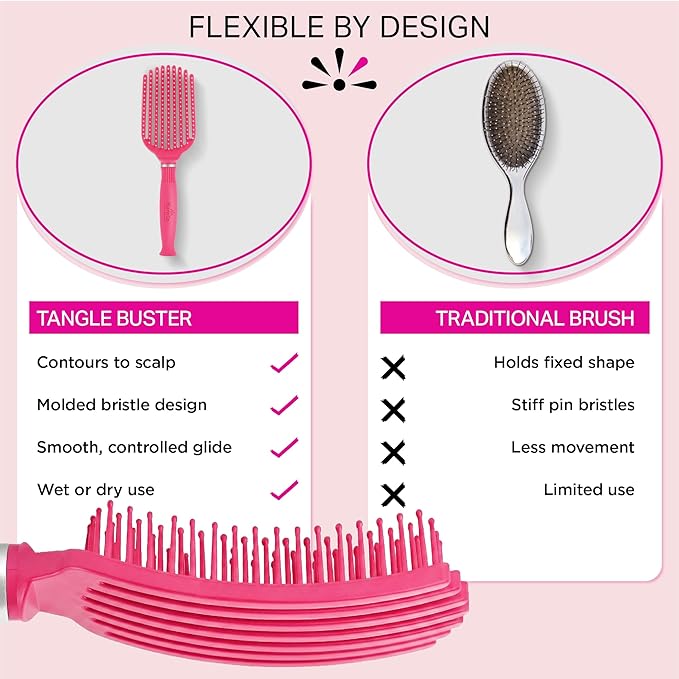 Premium Tangle Buster Brush – Soft Nylon Travel-Friendly Bristles – Long Durable Rubber Handle – Ideal for Wet and Dry Hair & Easy Grooming, Pink Color