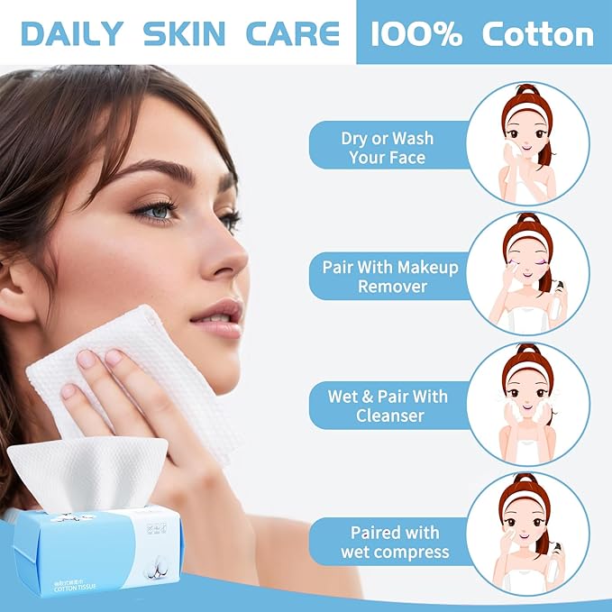 Cotton Facial Dry Wipes 100 Count, Deeply Cleansing Disposable Face Towel Wash Cloth, Multi-Purpose for Skin Care, Make-up Wipes, Face Wipes and Facial Cleansing (6 Pack)