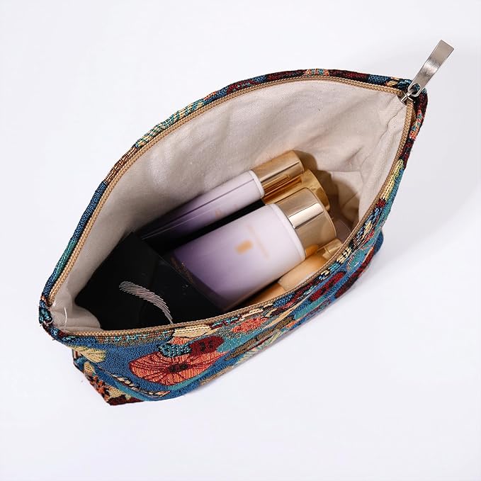2 PCS Makeup Bag Set，Portable Small Cosmetic Bag for Purse ，Large Storage Capacity Toiletry Bag Organizer，Travel Pouch with Zipper for Women, (Flower Garden Blue)