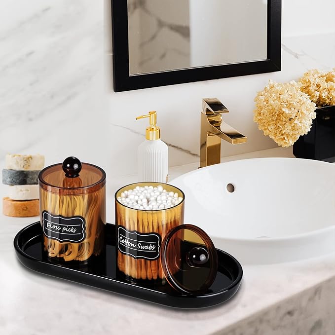 SheeChung 2 Pack Acrylic Qtip Holder,Amber Canister Apothecary Jars with Lids,10oz Qtip Dispenser Bathroom Set,Clear Plastic Vanity Storage Canisters for Cotton Swabs,Balls,Pads