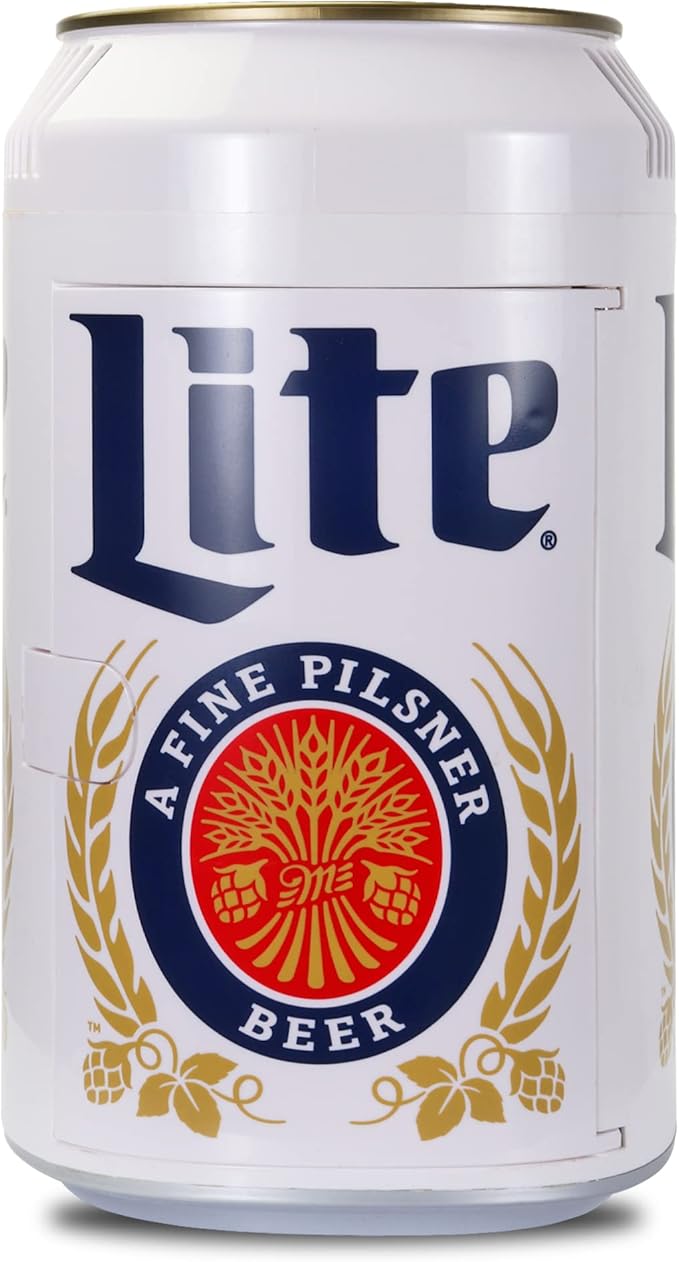 Miller Lite 8 Can Thermoelectric Mini Fridge 5.4 L/ 5.7 Quarts Capacity, 12V DC/110V AC cooler for home, den, dorm, cottage, cabin, beer, beverages, snacks, skincare, cosmetics, medication