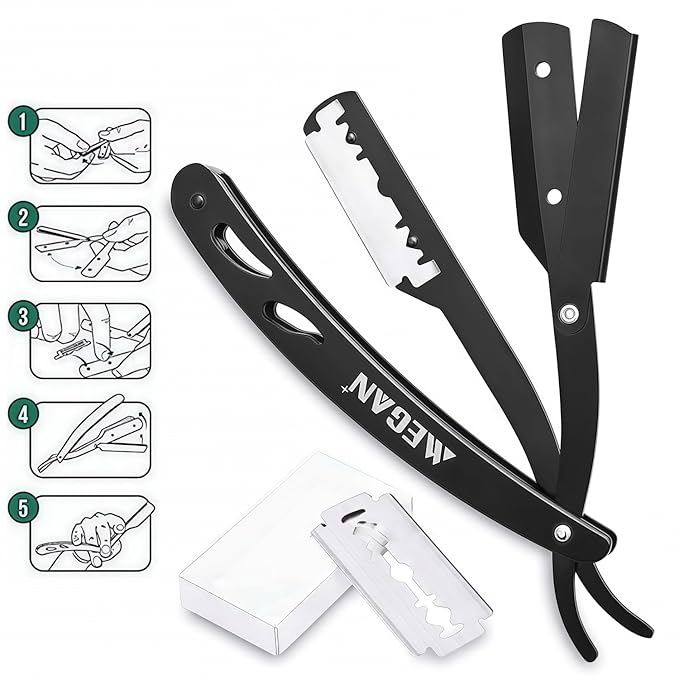 Megan beard shaping tool,5 piece set beard shaper for man - include professional straight edge razor,template guide,10 count of double edge blades,barber pencil and stainless steel scissors.