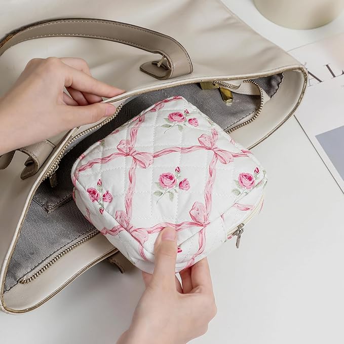 Small Quilted Cosmetic Pouch for Purse, Mini Cotton Makeup Bag with Compartments, Cute Zipper Lipstick Holder for Women (09Pink Bow)