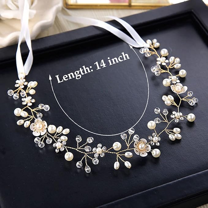 Hair Accessories: Bridal Pearl Flower Headpiece Headband for Girls, Flower Girls, and Women (Gold)