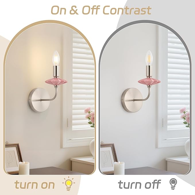 Modern Retro Wall sconces Set of Two with Pink Ceramic Flower Decoration,Brushed Nickel Wall Lights, Hardwired Vintage Vanity Light for Bathroom, Living Room, Bedroom, and hallways.