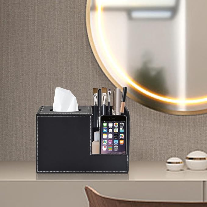 PU Leather Tissue Box Cover with Storage Square-Multifunctional Tissue Holder,Remote Control Holder,Decorative Tissues Boxes Organizer,Home Office Desktop Storage box,Black